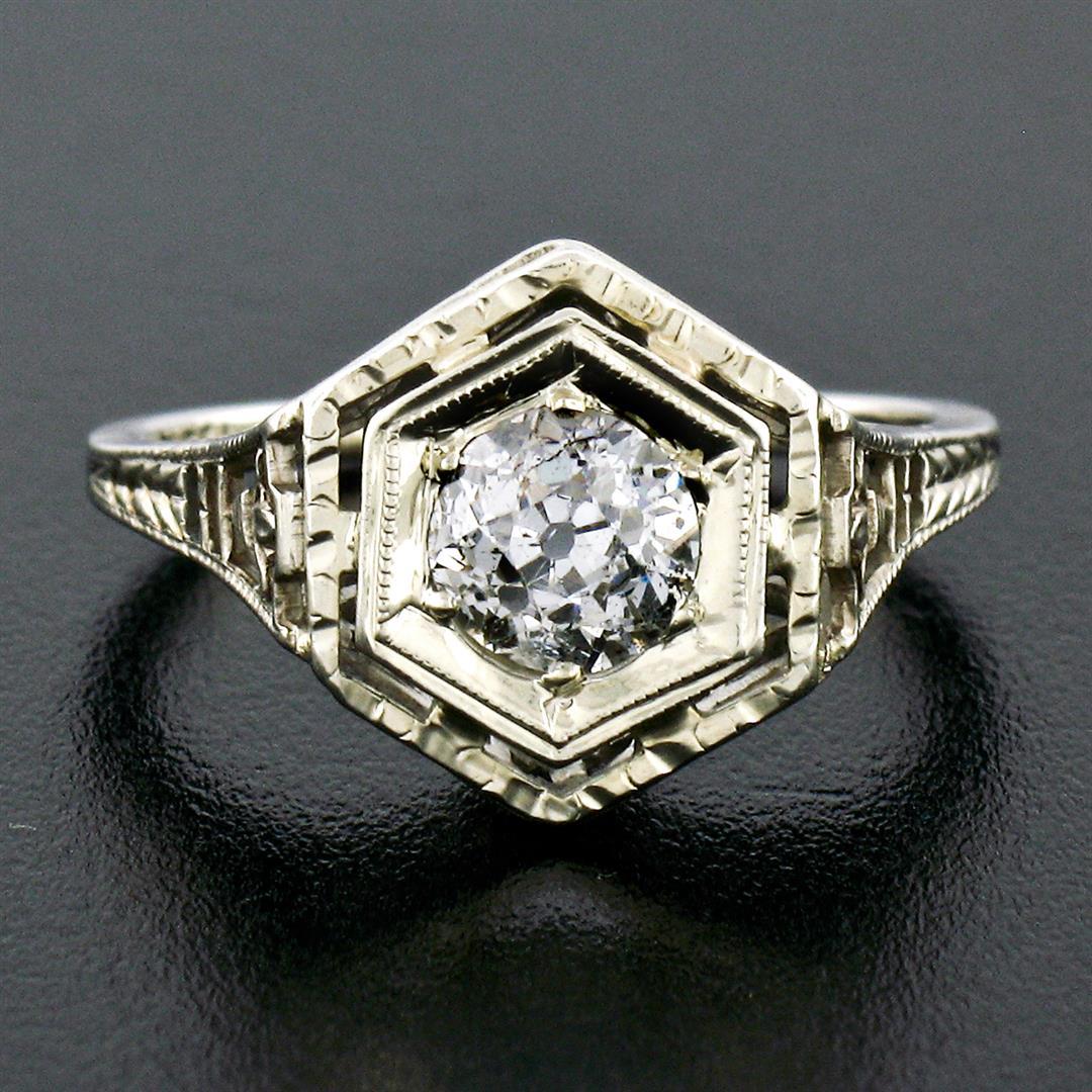 Antique Art Deco 14k White Gold Filigree 0.54 ctw European Diamond Solitaire Rin