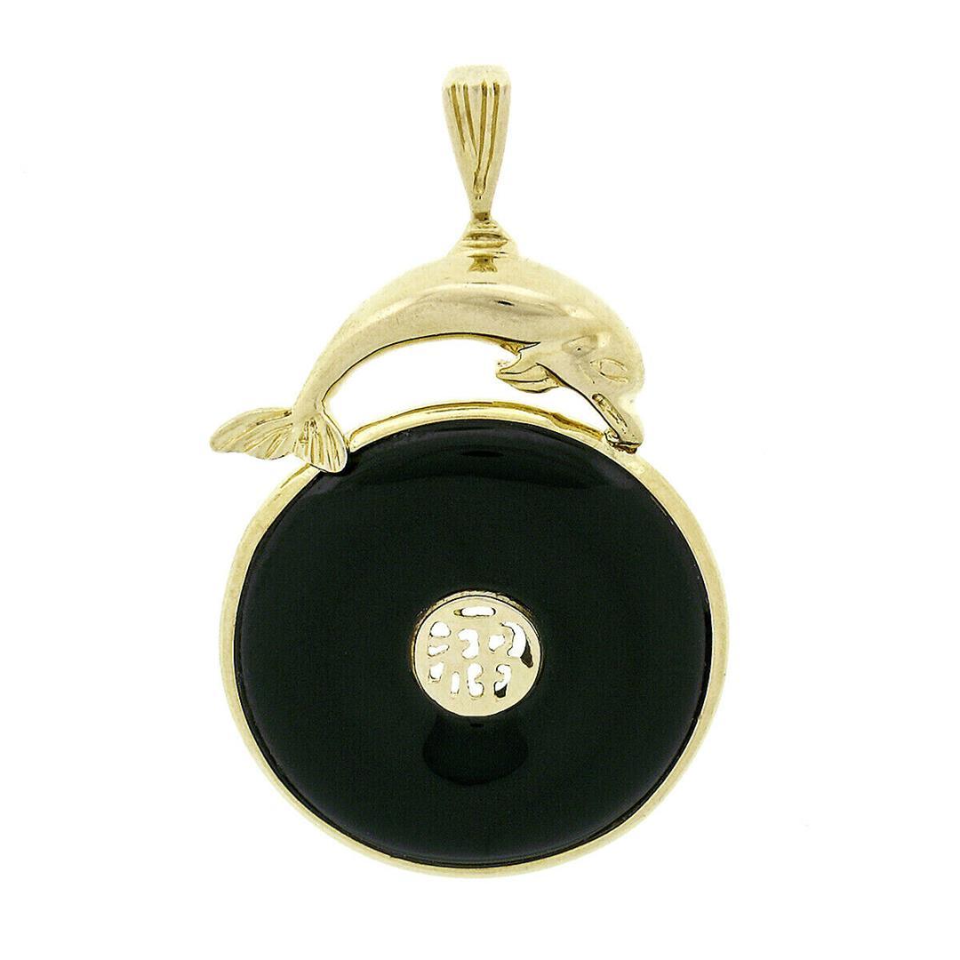 Vintage 14k Gold Diving Dolphin Bezel Black Jade Pierced Chinese Symbol Pendant