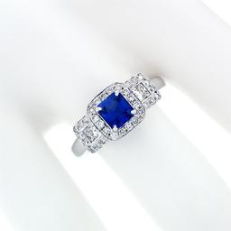 18K White Gold 1.70 ctw AGL Emerald Step Cut Royal Blue Sapphire & Diamond Ring