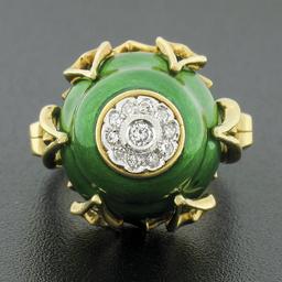 Vintage 18K Gold 0.15 ctw Diamond Cluster Green Enamel Large Prong Domed Tall Ri