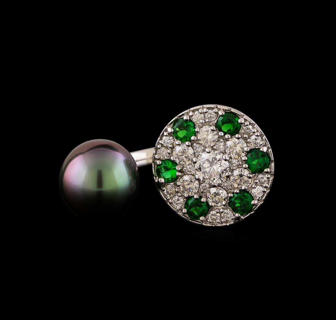 1.37 ctw Diamond, Tsavorite and Pearl Ring - 14KT White Gold