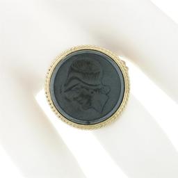 Vintage 14K Gold Round Bezel Carved Hematite Intaglio Knight Twisted Wire Ring