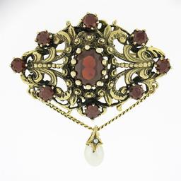 Vintage 14k Gold 4 ctw Round Oval Garnet Open Work Pearl Dangle Pin Brooch Penda