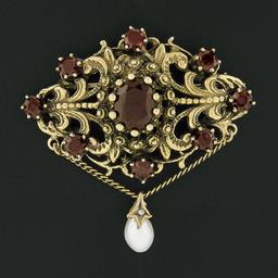 Vintage 14k Gold 4 ctw Round Oval Garnet Open Work Pearl Dangle Pin Brooch Penda