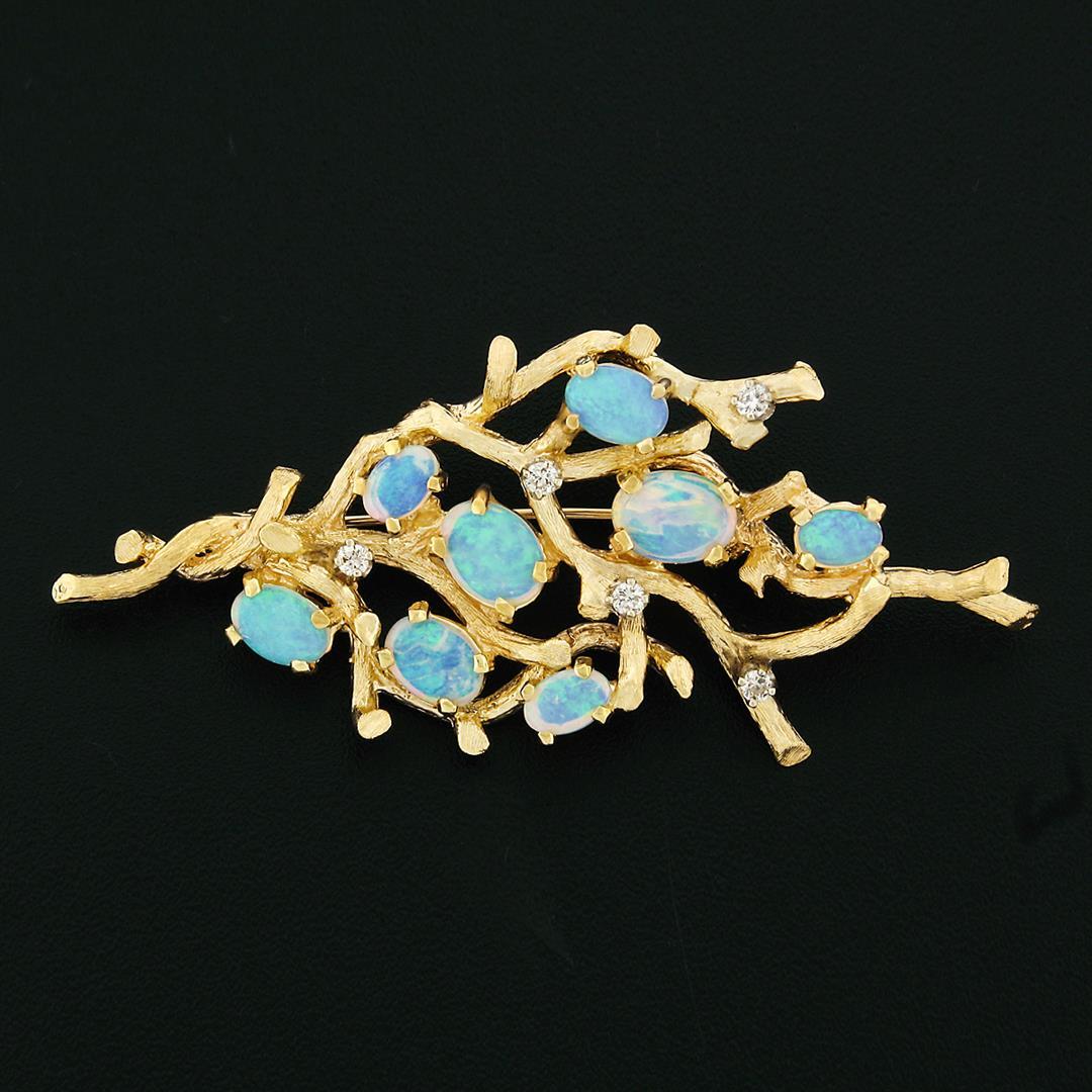 Vintage Large Textured 14K Gold FINE Opal & Diamond Free Form Tree Branch Brooch