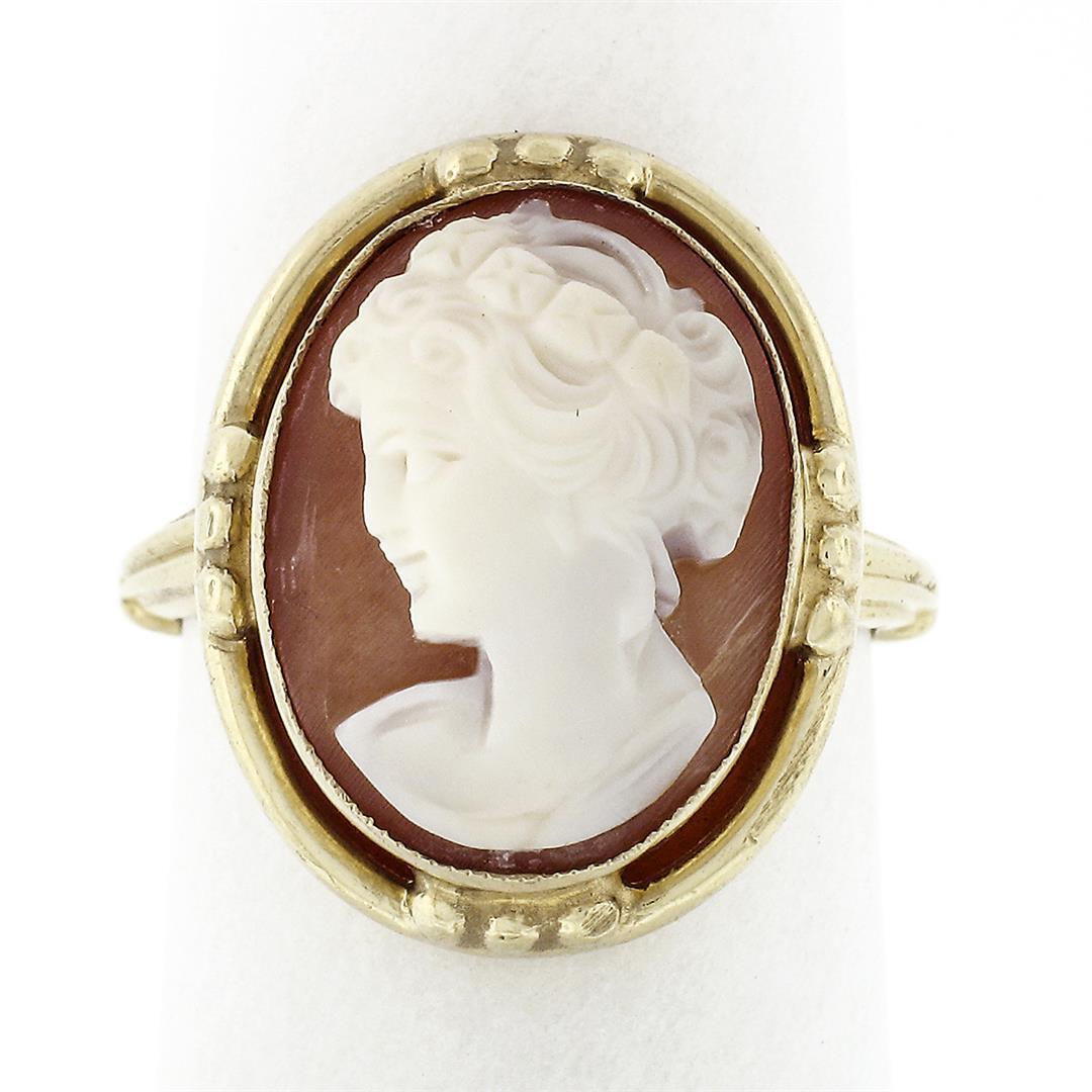 Vintage 14k Gold Milgrain Bezel Set Oval Carved Shell Cameo W/ Open Frame Ring