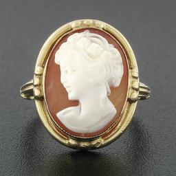 Vintage 14k Gold Milgrain Bezel Set Oval Carved Shell Cameo W/ Open Frame Ring