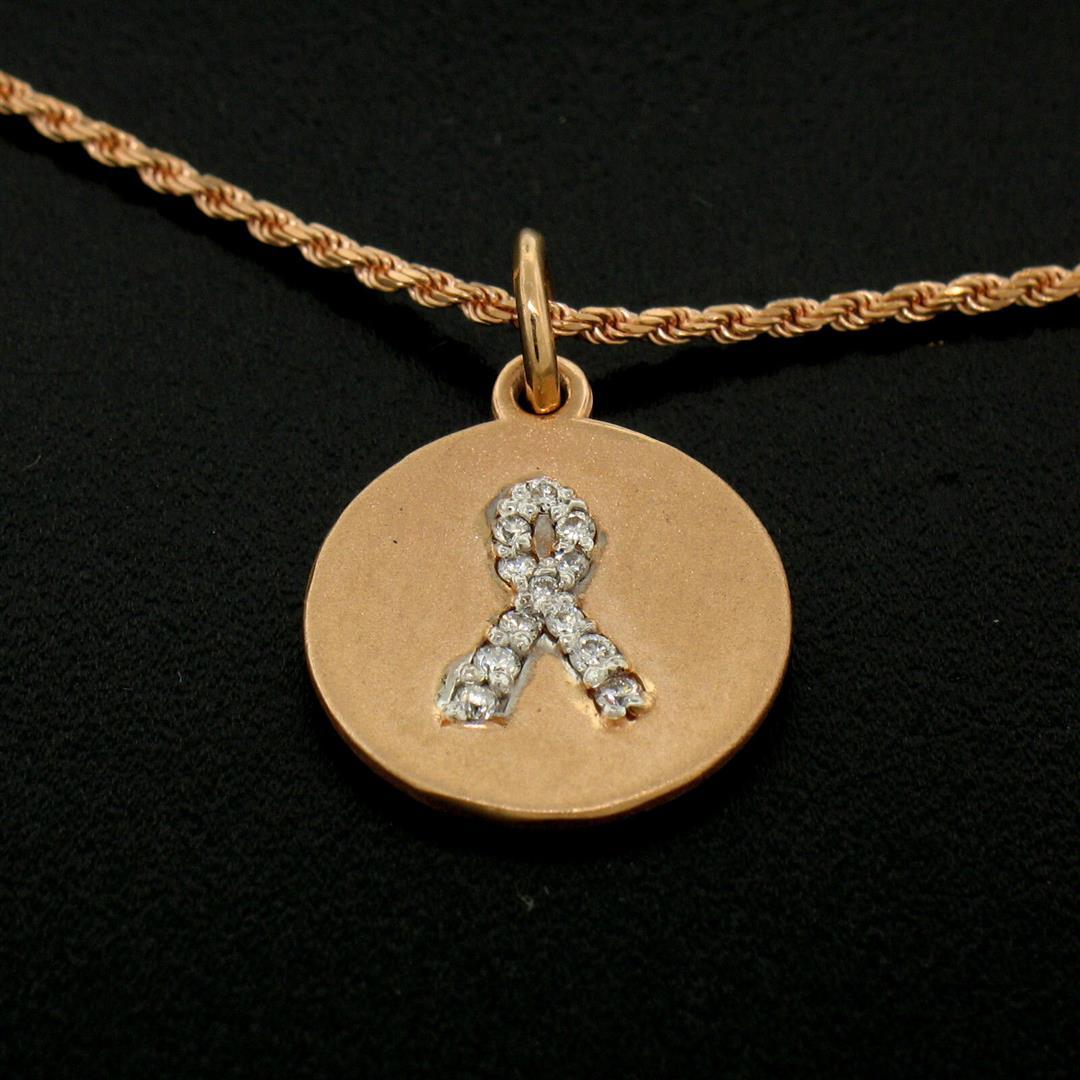 NEW 14K Rose Gold.10 ctw Diamond Awareness Ribbon Disc Pendant w/ 16" Rope Chain