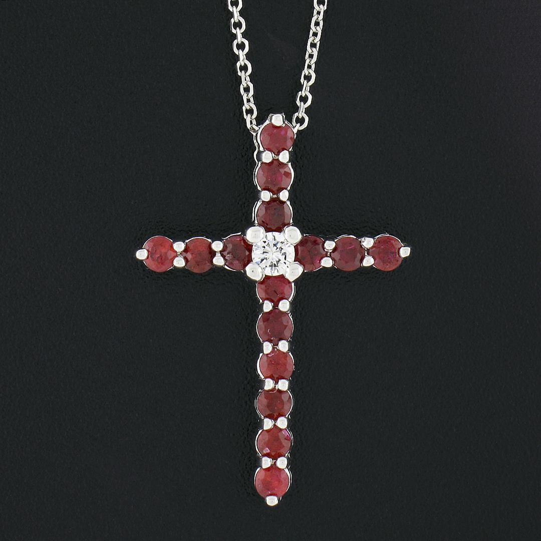 NEW 14K White Gold 1.70 ctw Round Ruby & Diamond Cross Pendant Chain Necklace