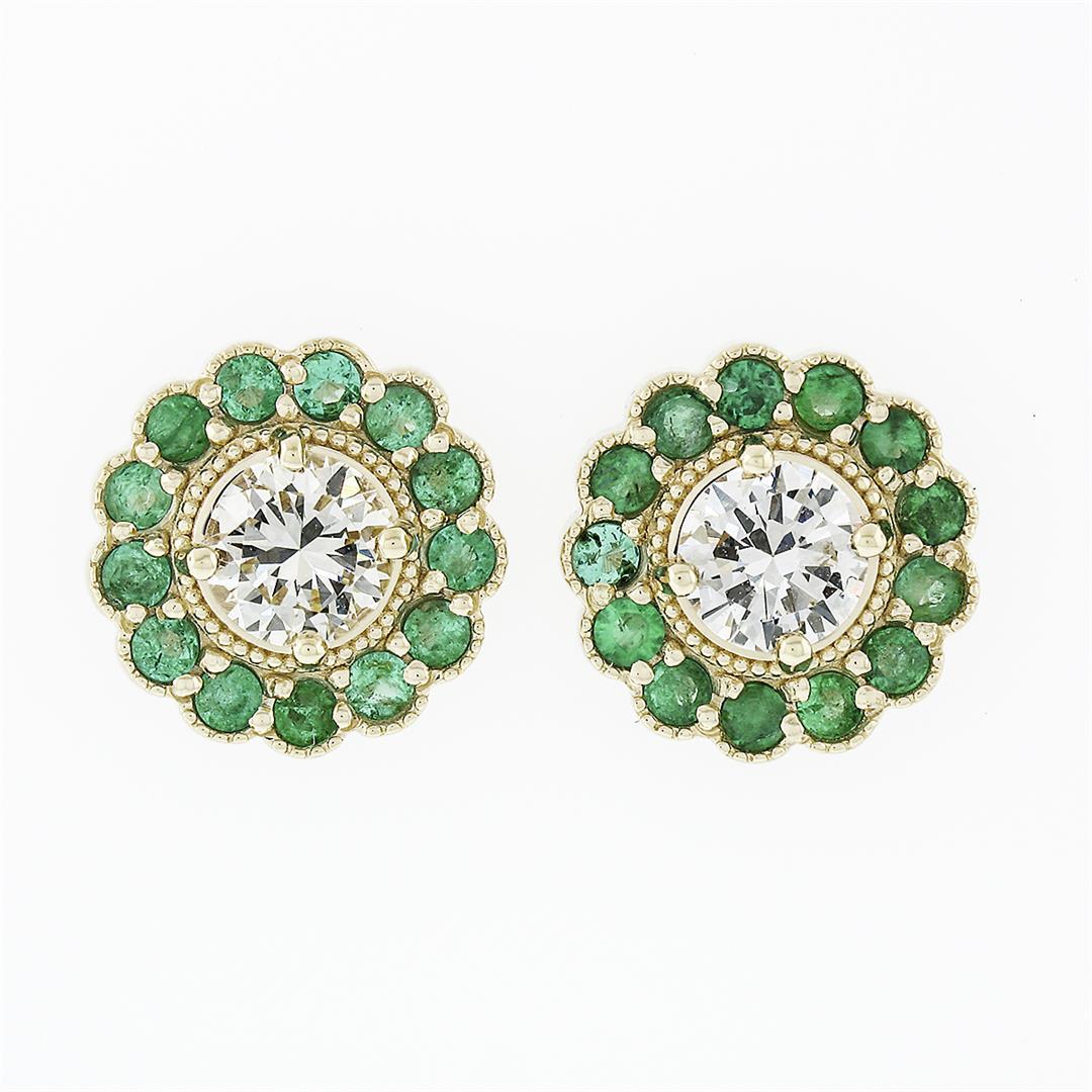 New 14k Yellow Gold 1.33 ctw Diamond Emerald Halo Milgrain Flower Cluster Earrin