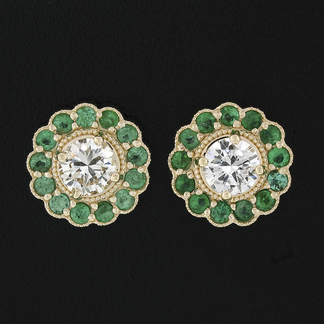 New 14k Yellow Gold 1.33 ctw Diamond Emerald Halo Milgrain Flower Cluster Earrin