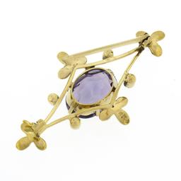 Vintage Victorian Revival 14K Yellow Gold Oval Amethyst & Seed Pearl Pin Brooch