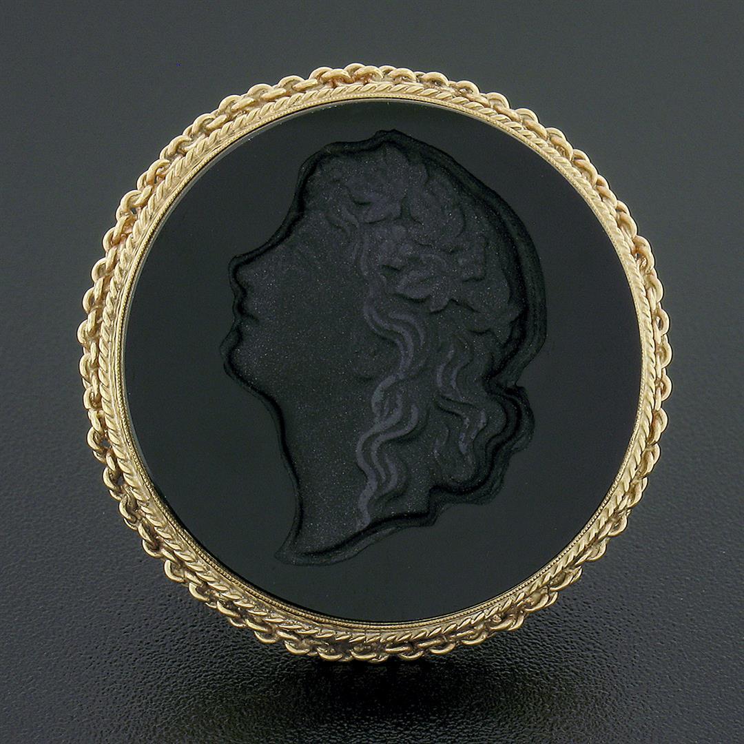 Vintage 14K Gold Large Black Onyx Matte Carved Cameo Intaglio Round Platter Ring