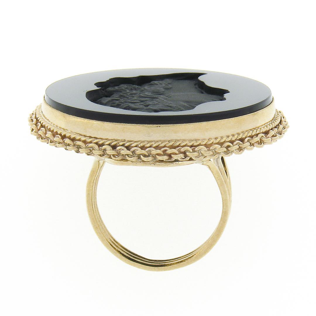 Vintage 14K Gold Large Black Onyx Matte Carved Cameo Intaglio Round Platter Ring