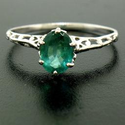 Vintage 14k White Gold 1.38 ctw Prong Set Oval Cut Emerald Filigree Solitaire Ri