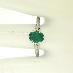 Vintage 14k White Gold 1.38 ctw Prong Set Oval Cut Emerald Filigree Solitaire Ri