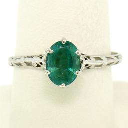 Vintage 14k White Gold 1.38 ctw Prong Set Oval Cut Emerald Filigree Solitaire Ri