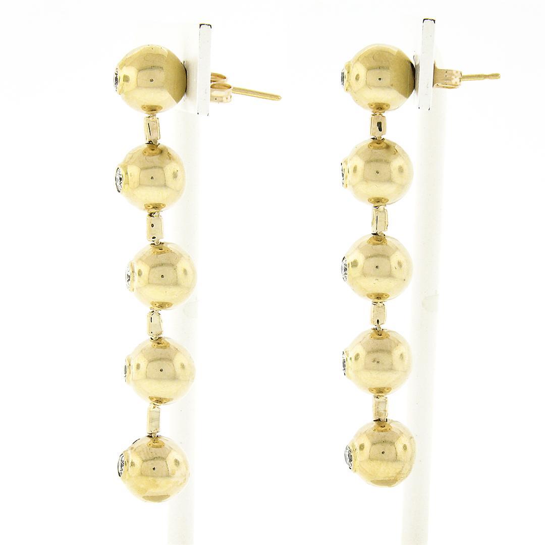 Vintage 14K Gold.6 ctw Bezel Diamond Polished Bead Ball Long Drop Dangle Earring