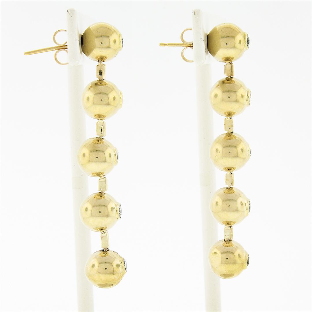 Vintage 14K Gold.6 ctw Bezel Diamond Polished Bead Ball Long Drop Dangle Earring