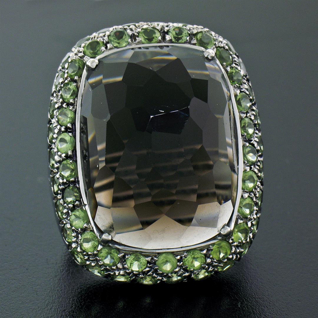 18K White Gold 37.60 ctw Large Faceted Smokey Topaz Solitaire & Peridot Halo Rin