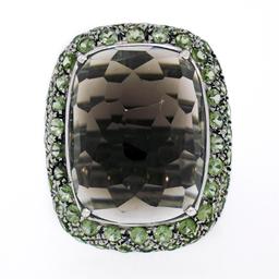 18K White Gold 37.60 ctw Large Faceted Smokey Topaz Solitaire & Peridot Halo Rin