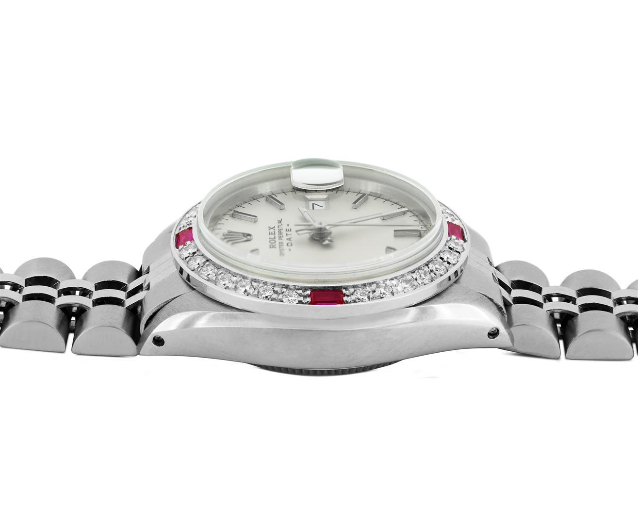 Rolex Ladies Stainless Steel Silver Index Diamond And Ruby Date Watch With Rolex