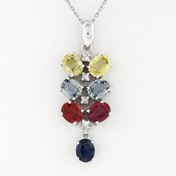 14K White Gold 3.54 ctw Multi-Color Sapphire & Diamond Dangle Pendant Necklace