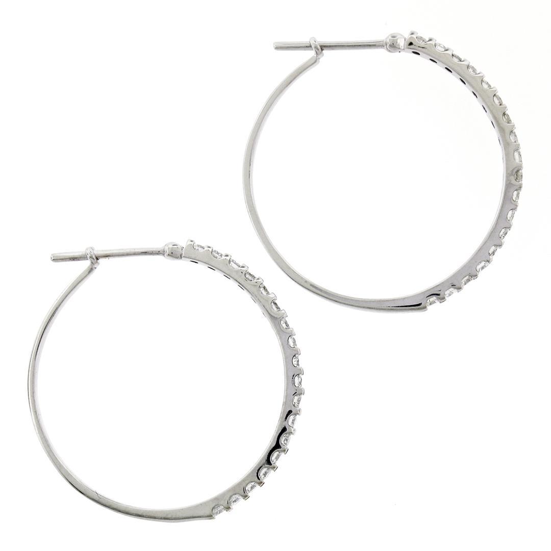 Solid 14K White Gold 1.50 ctw Round Brilliant Diamond Circle Hoop Snap Earrings