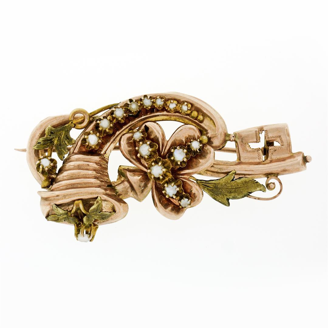 Victorian 12k Rose & Green Gold Natural Seed Pearl Flower Brooch