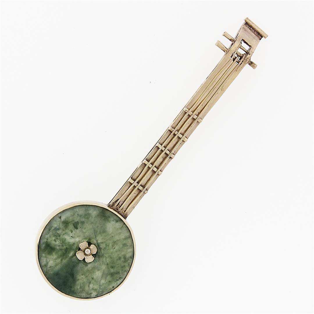 Antique 14k Yellow Gold 16.3mm Round Circle Marbled Green Jade Banjo Pin Brooch