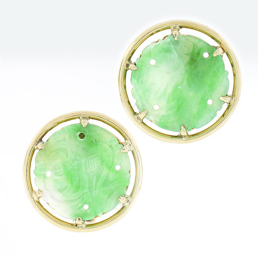 Vintage 14K Gold Carved Jade Large Round Multi Prong Set Button Clip On Earrings