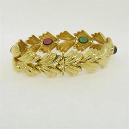 14k Yellow Gold 6.81 ctw Multi Gemstone Ribbed Wide Leaf Chain Bracelet