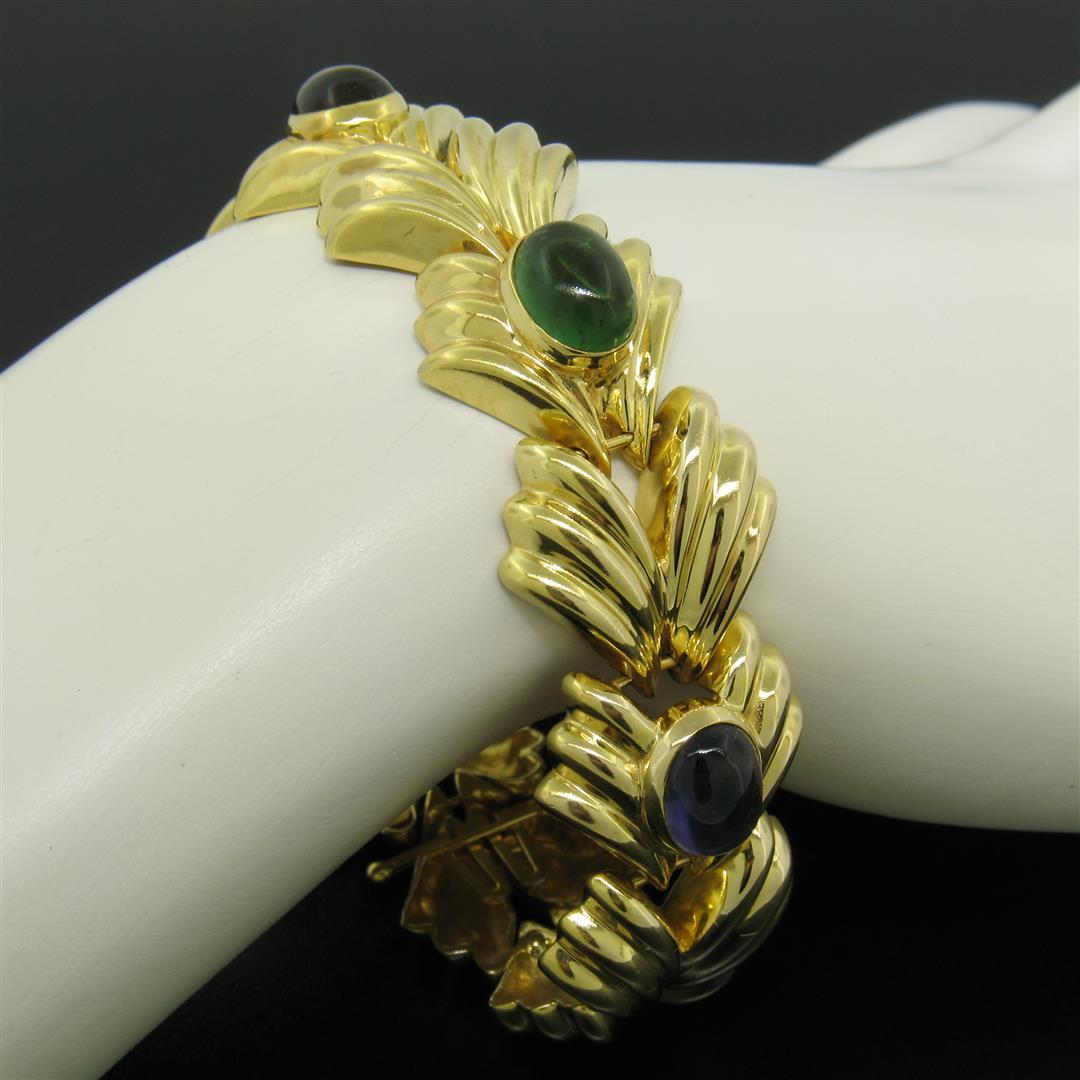 14k Yellow Gold 6.81 ctw Multi Gemstone Ribbed Wide Leaf Chain Bracelet