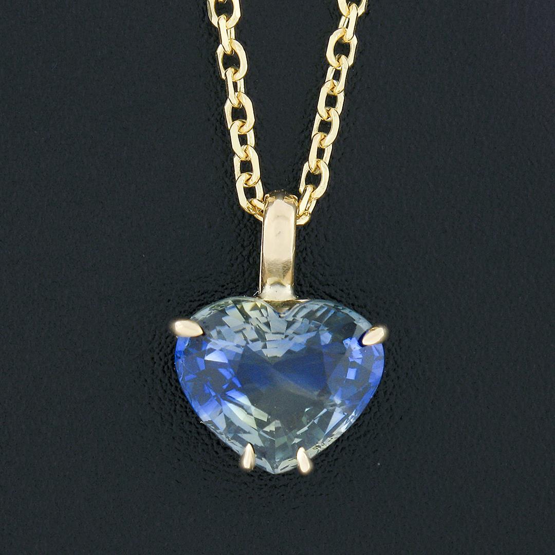 New 14K Gold GIA Zoned Blue & Yellow Heart Sapphire Solitaire Pendant Necklace