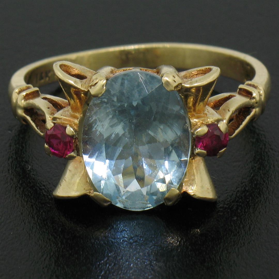 Retro 14k Yellow Gold 2.18 ctw Aquamarine Solitaire and Synthetic Ruby Ring