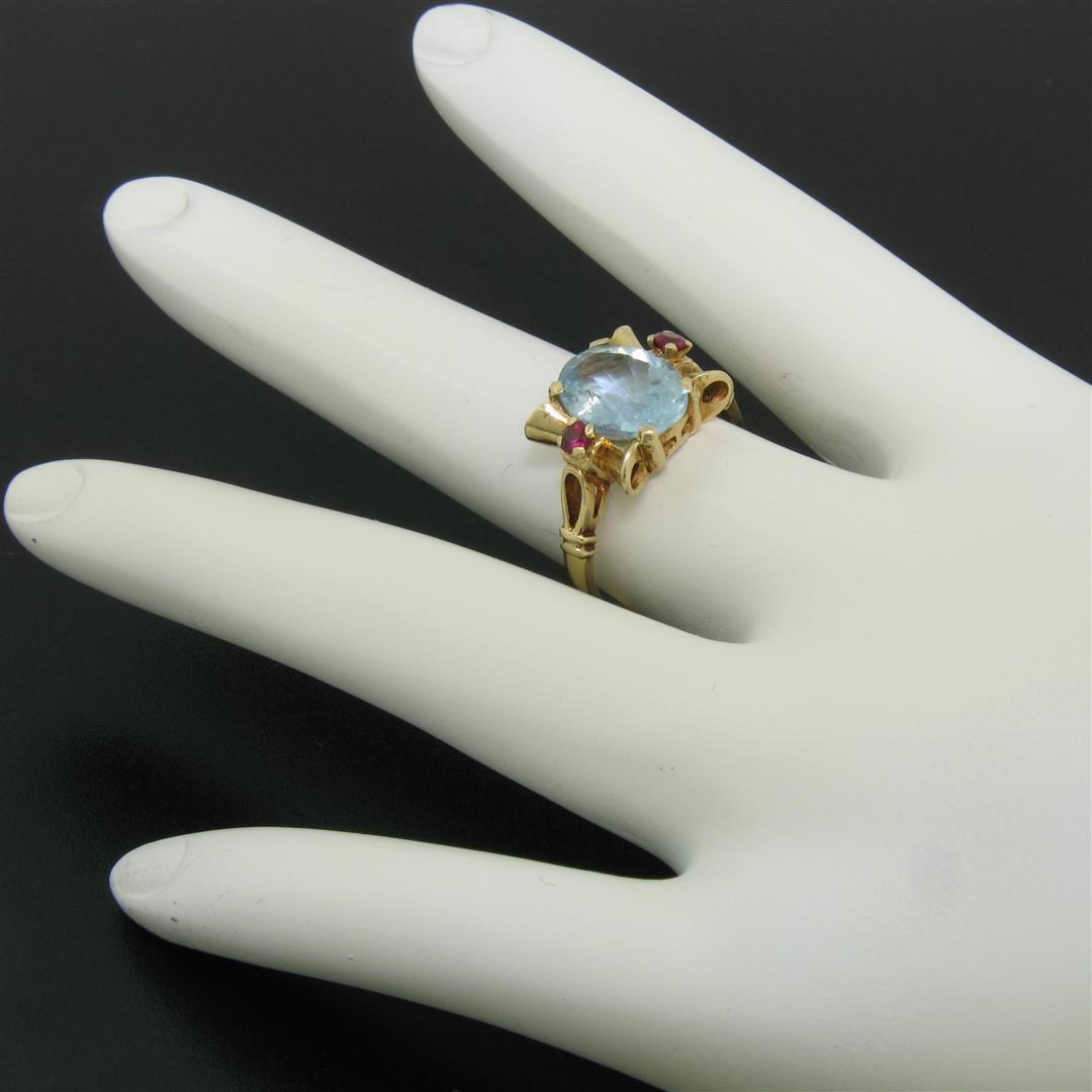 Retro 14k Yellow Gold 2.18 ctw Aquamarine Solitaire and Synthetic Ruby Ring