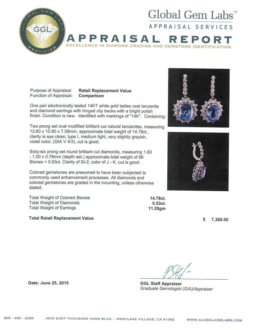 14.78 ctw Tanzanite and Diamond Earrings - 14KT White Gold