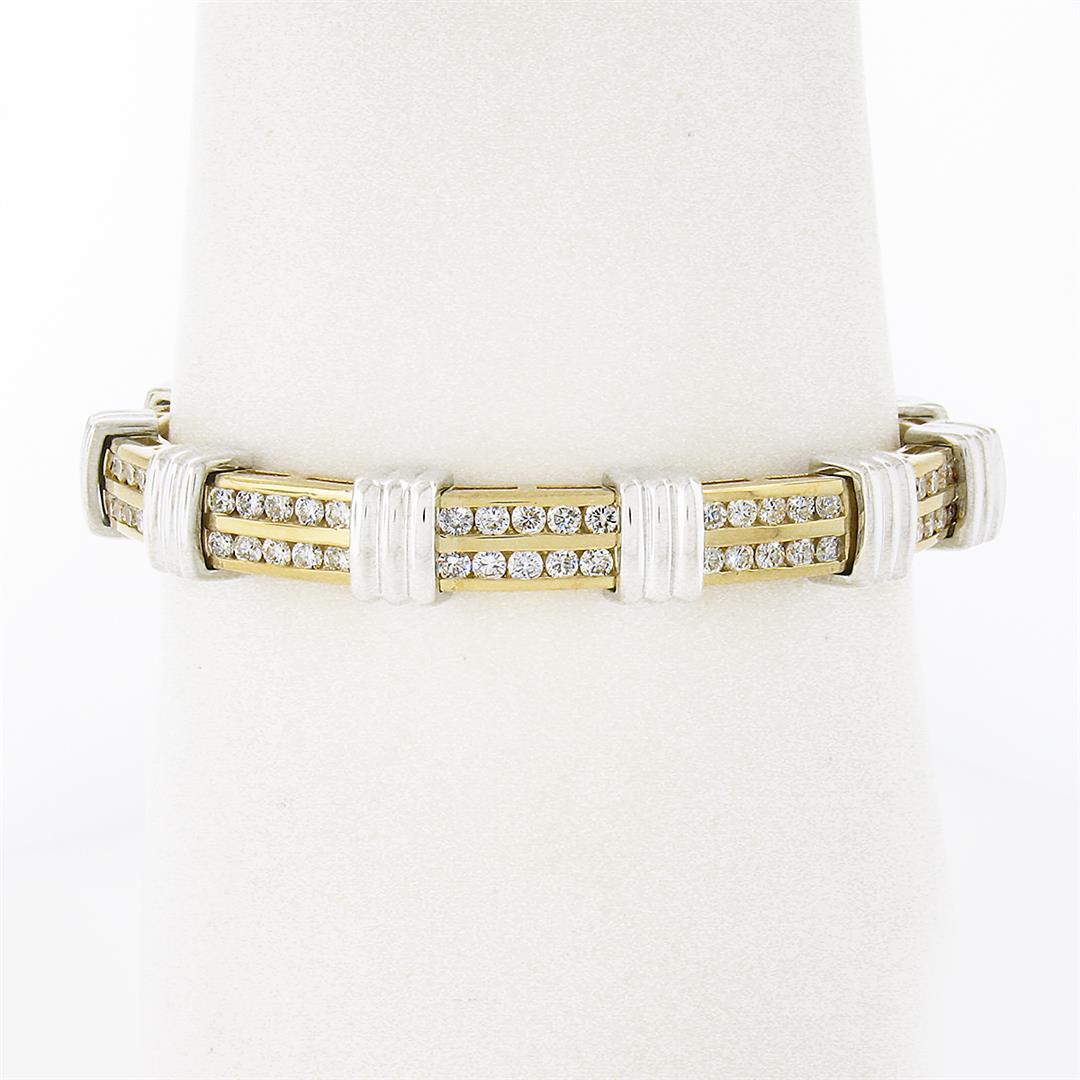 14K TT Gold 3.50 ctw Round Dual Channel Set Diamond & Grooved Link Tennis Bracel