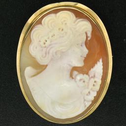 Vintage 14k Yellow Gold Polished Frame Carved Shell Cameo Brooch Pin Pendant