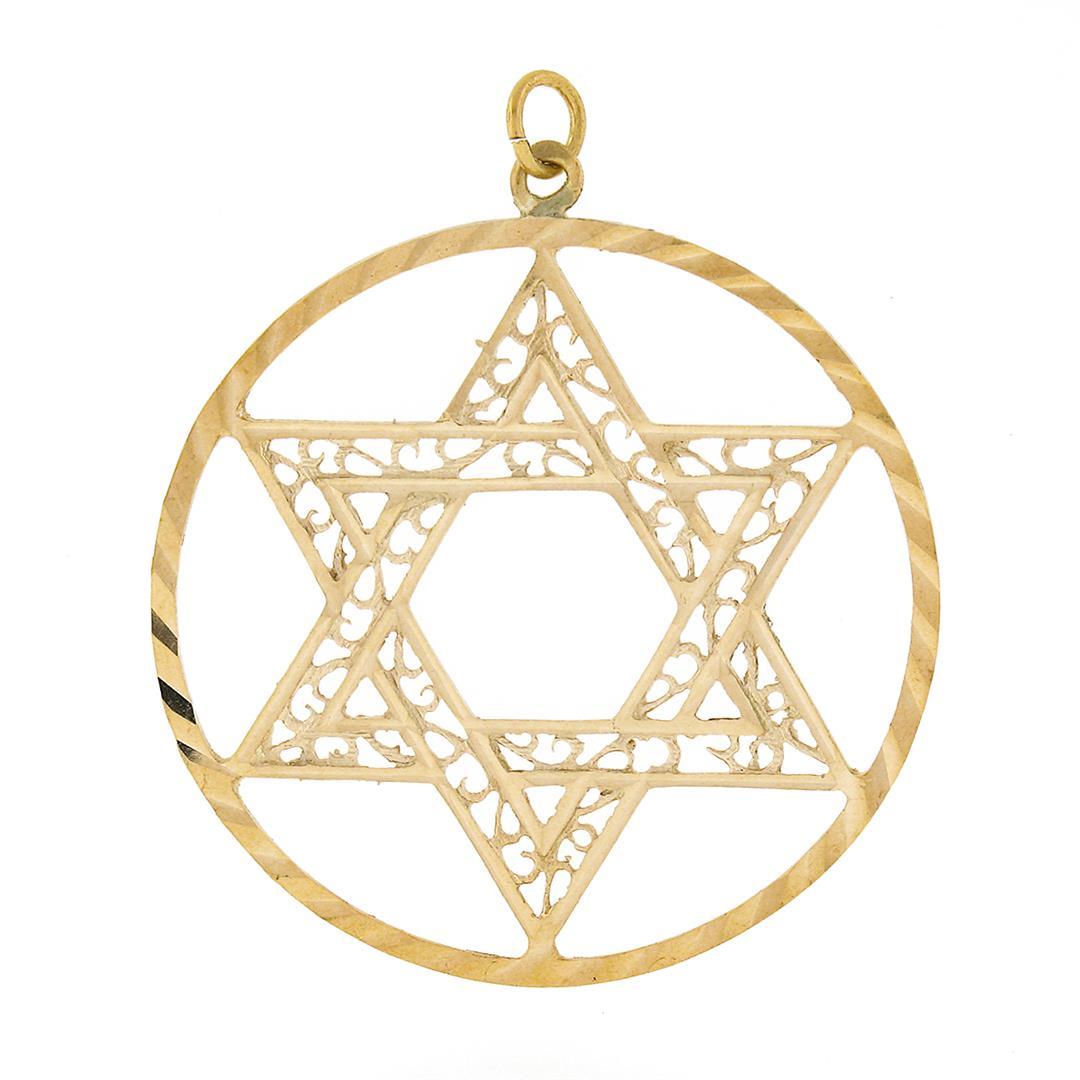 Vintage 14K Gold Large Open Star of David w/ Filigree Work Circle Charm Pendant