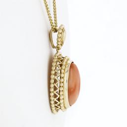 Vintage 14k Gold Oval Cabochon Coral Open Beaded Frame Pendant w/ Chain Necklace