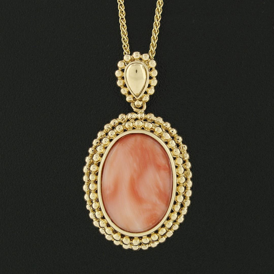 Vintage 14k Gold Oval Cabochon Coral Open Beaded Frame Pendant w/ Chain Necklace