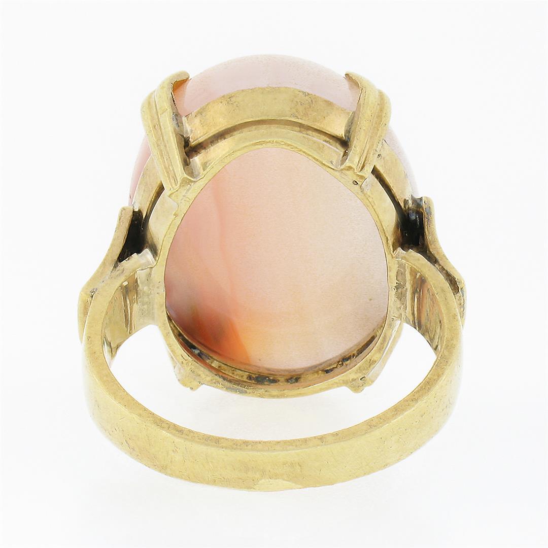 Antique 14k Gold Oval Cabochon Orange White Banded Agate Solitaire Cocktail Ring