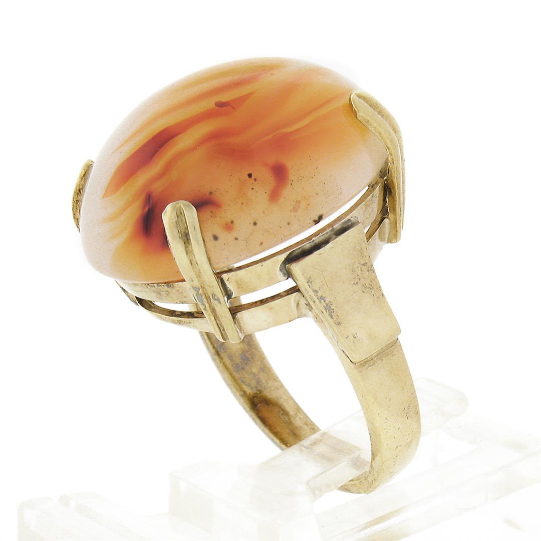 Antique 14k Gold Oval Cabochon Orange White Banded Agate Solitaire Cocktail Ring