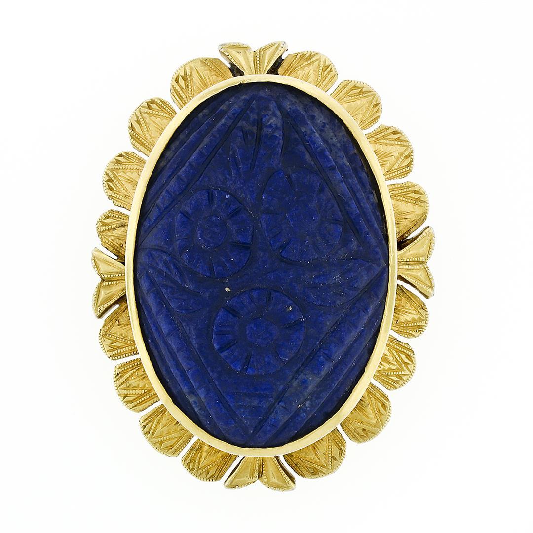 Antique Etruscan Revival 14k Gold GIA Carved Oval Blue Lapis Pendant or Brooch