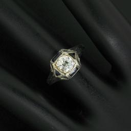 Antique Art Deco 18k White Gold 0.65 ctw European Diamond and Sapphire Ring
