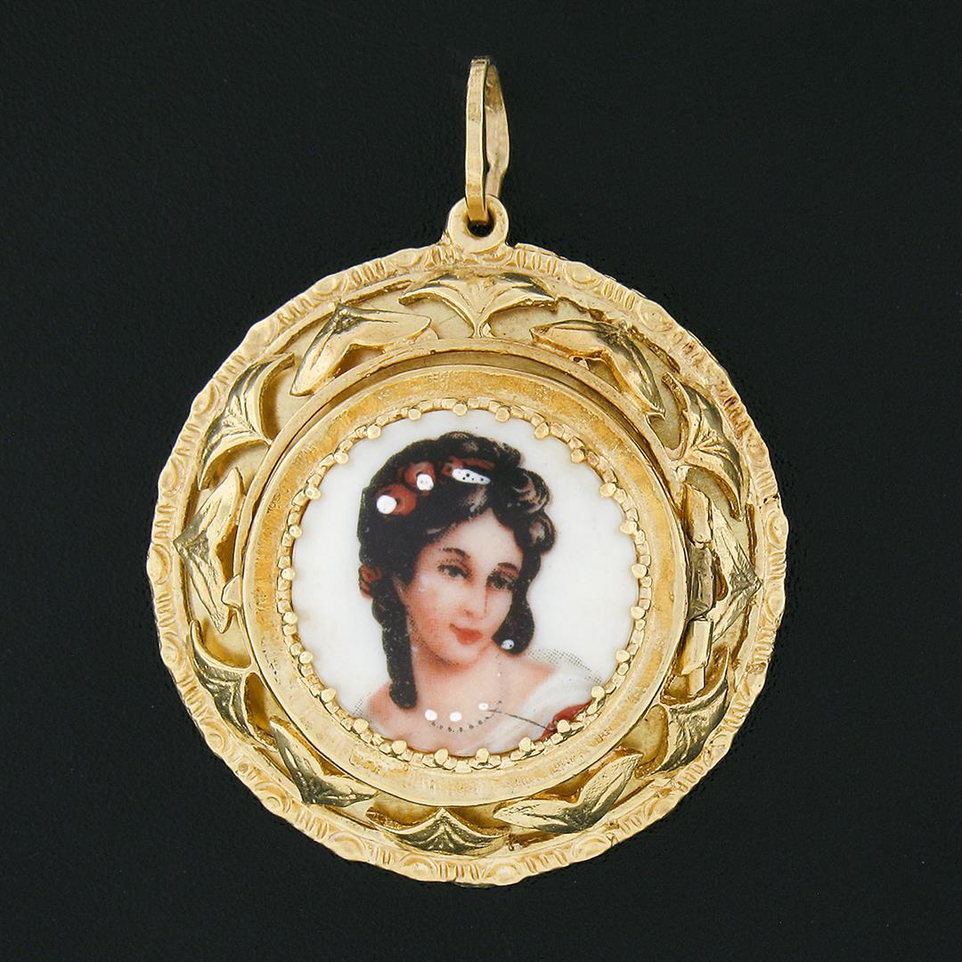 Vintage Limoges French 14k Gold Hand Painted Portrait Open Work Locket Pendant