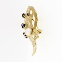 Vintage Large 14K Gold 1.3 ctw Sapphire Pearl Open Textured Flower Leaf Brooch P