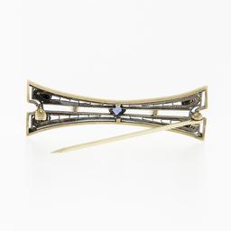 Antique 14k Yellow Gold Square Blue Montana Sapphire & Pearl Open Bar Pin Brooch