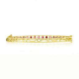 Vintage Victorian Revival 14k Gold 2 ctw Ruby Engraved Side Hinged Bangle Bracel